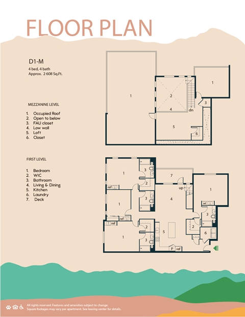 A floor plan of a 4 bedroom, 4 bathroom apartment with a mezzanine level.